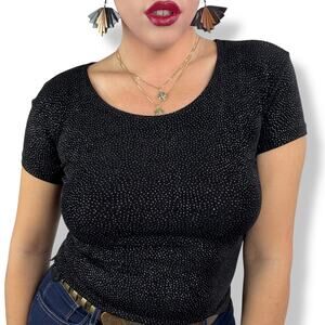 Vintage 90's black silver glitter speck stretch scoop neck shirt Made in USA